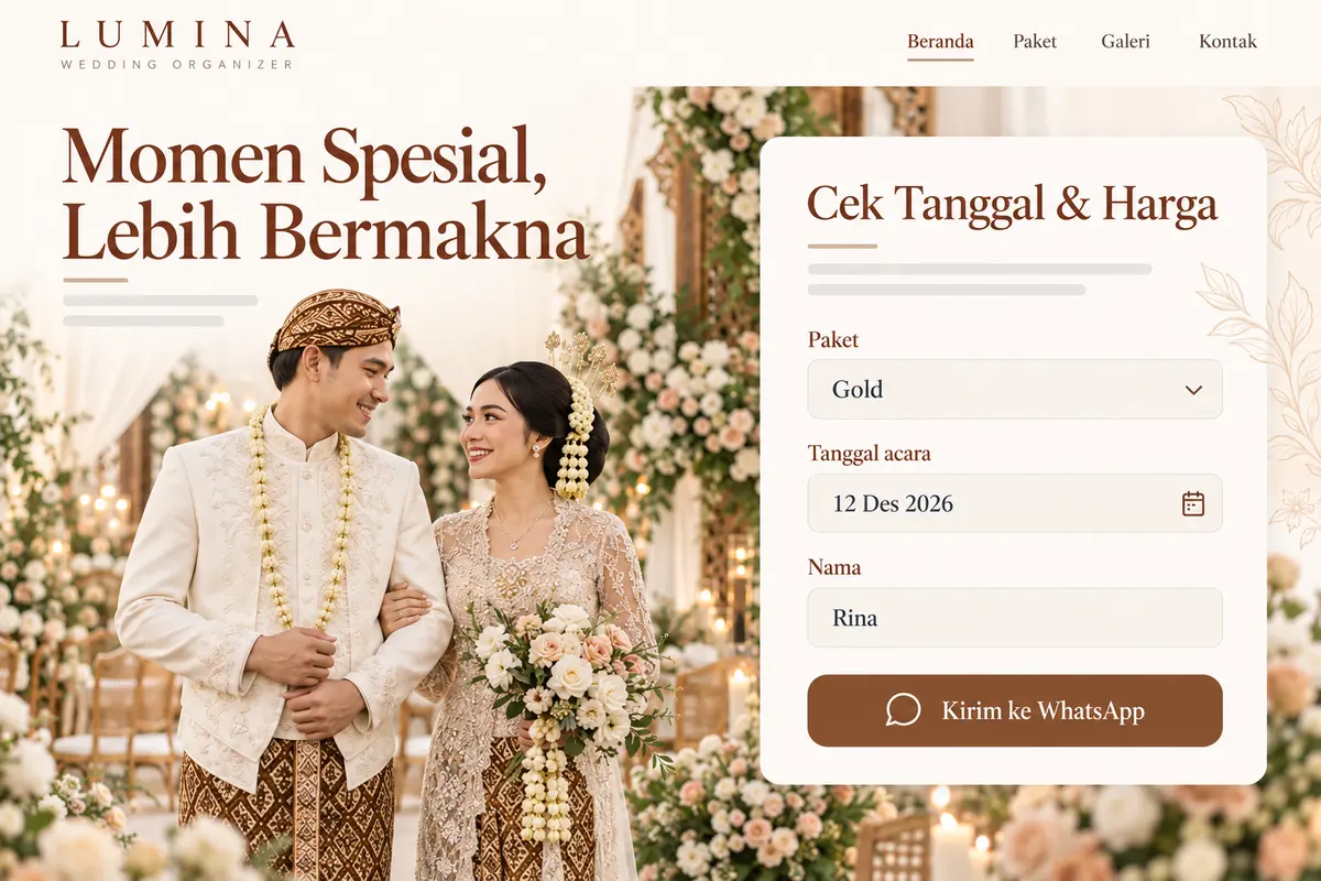 Website Lumina: formulir cek tanggal dan harga, Paket Gold, 12 Des 2026, atas nama Rina